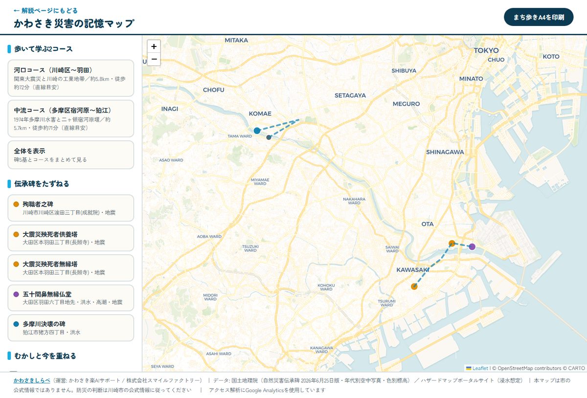 かわさき災害の記憶マップの画面。川崎市と多摩川対岸の地図に伝承碑のピンと歩いて学ぶコースの線が表示されている